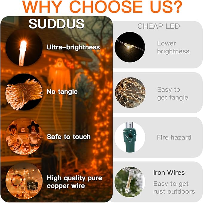 suddus Orange String Lights Outdoor with Remote, 33ft 100 LED Connectable Waterproof Halloween Lights Plug in, Dimmable Clear Wire Fairy Lights for Fall,Thanksgiving, Party, Tree, Garden, Porch Decor