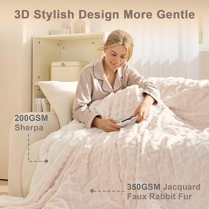 Heated Blanket King Size, Dual Control,Soft Faux Rabbit Fur Electric Blanket 90"x 100" with Overheat Protection, 6 Heating Levels & 10H Auto Off, ETL Certification（Cream）