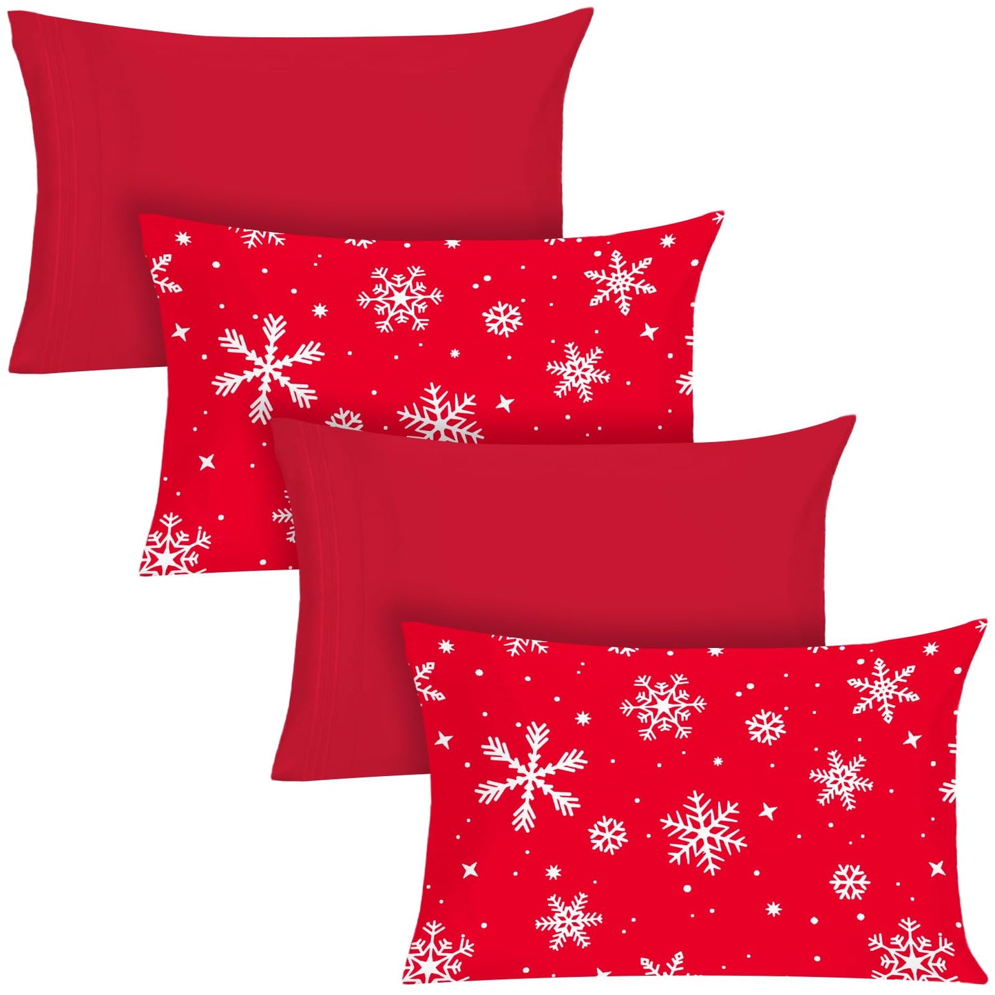 YIYEA Christmas Pillow Cases Queen Size Set of 4, Ultra Soft Double Brushed Microfiber Red Pillowcases and Christmas Snowflake Pillow Covers, Envelope Closure, Fade Resistant (20"x30")