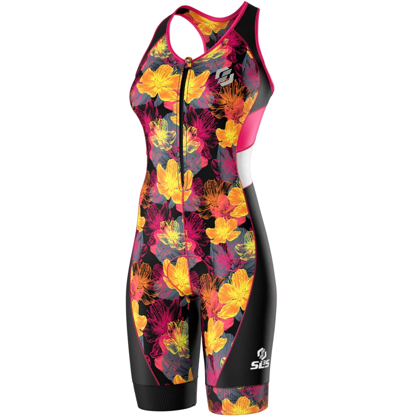 SLS3 Triathlon Suits Women – Sleeveless Trisuit Women - Premium FX Fabric, Tri Suit Womens Triathlon Suit, No Shelf Bra (Pink Sunrise Blooms, X-Small)