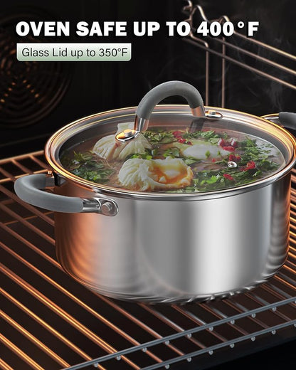 Cook N Home Basics 3 Quart Stainless Steel Stock Pot with Lid, Cooking Pot for Pasta, Soup, Stay-Cool Silicone Handle, Stockpot with Even Heating, Oven Safe, Cookware for Canning, Boiling, Simmer