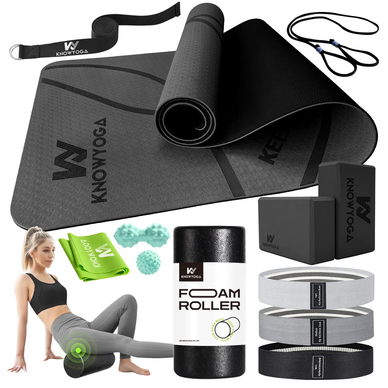 Yoga Starter Kit 12 in 1 - Yoga Set Include Yoga Mat, Foam Roller, 4 Resistance Bands, Yoga Blocks 2 Pack with Strap, 2 Peanut Massage Balls, Yoga kit and Sets for Beginners