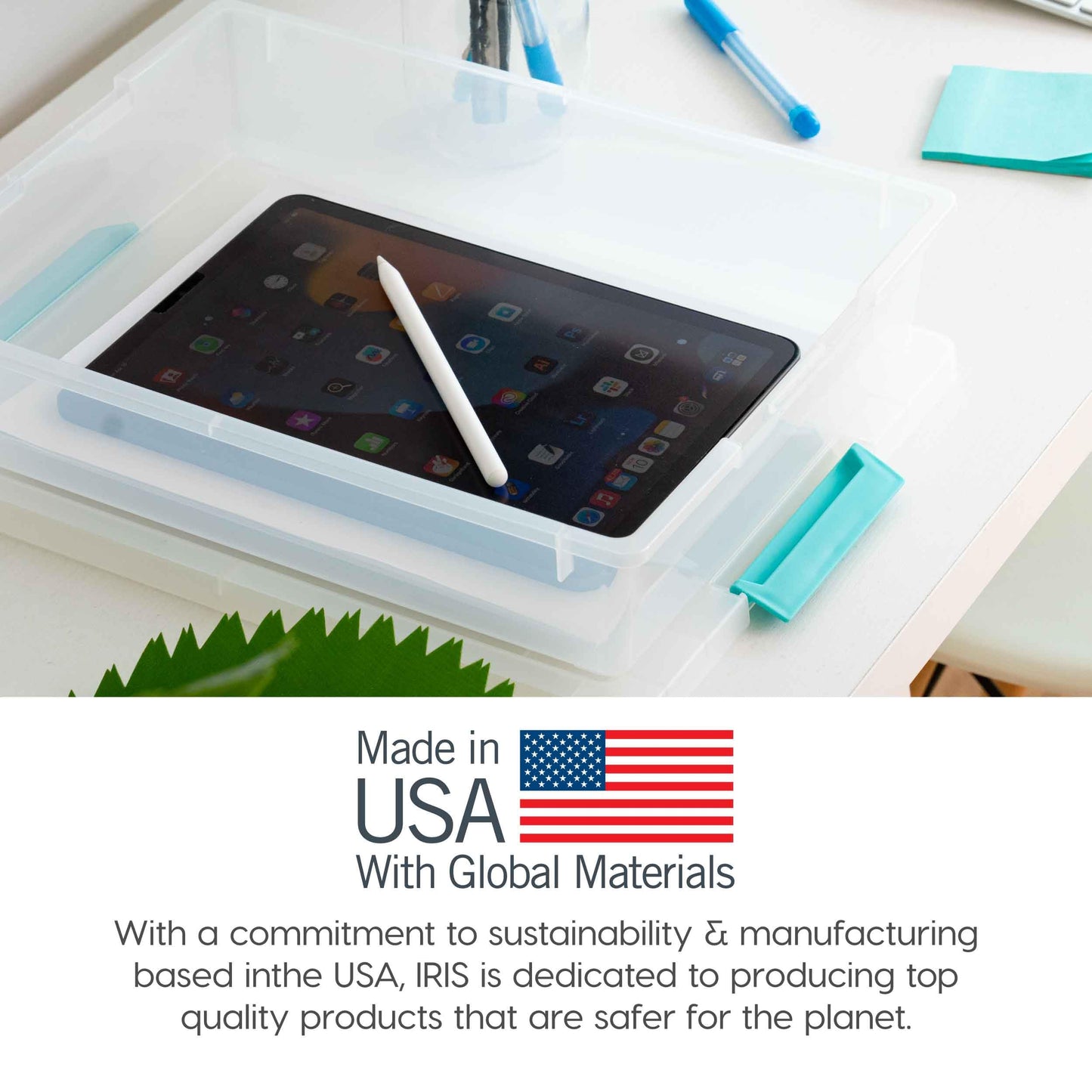 IRIS USA 6 Qt. Craft Storage Bins with Lids, 4-Pack, |Made in USA|, Clip Box, Small Plastic Sensory Bin Tote Organizer Containers for Art Supplies, Paper, & Office, Stackable - Clear/Seafoam Blue