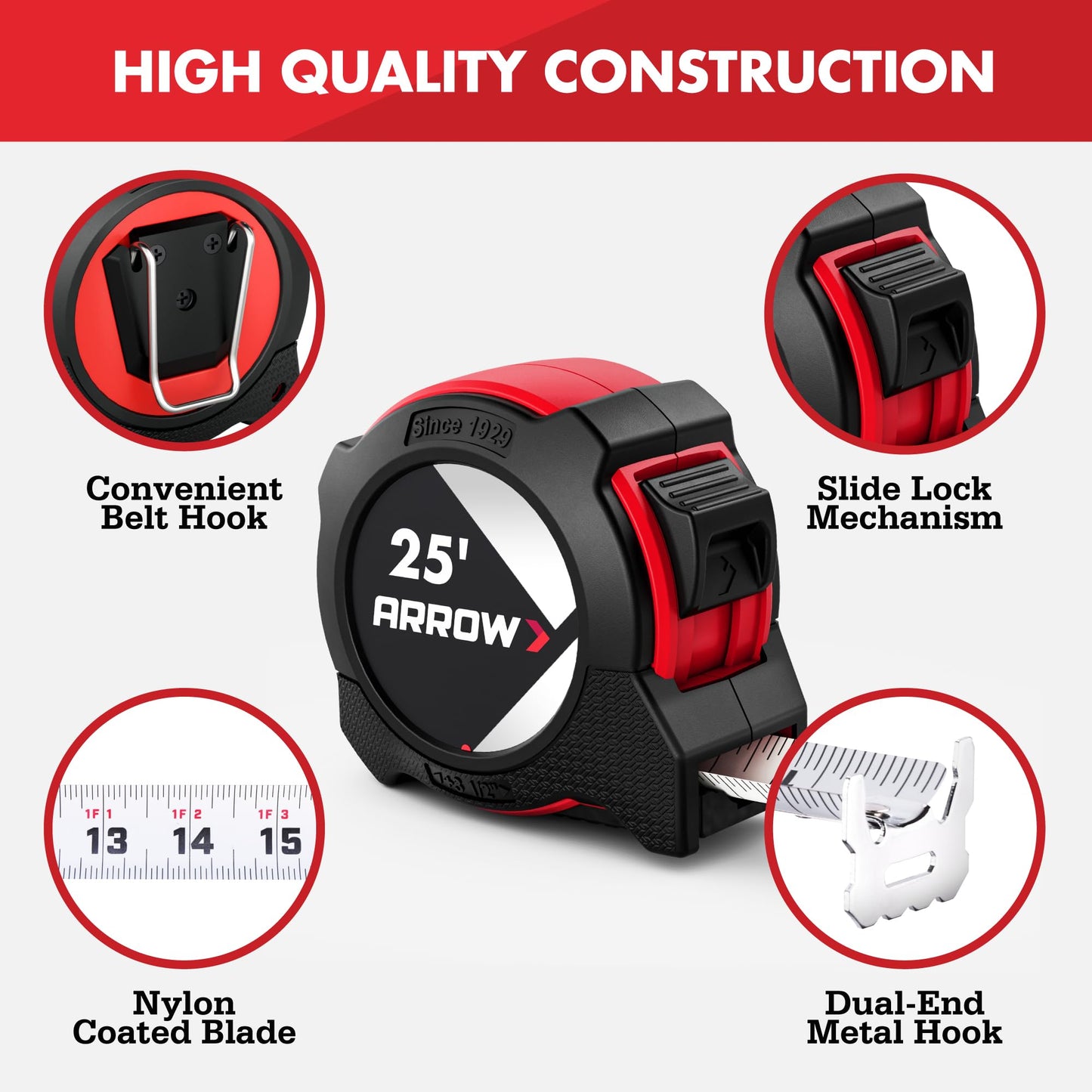 Arrow 25FT Tape Measure, 2PCS Easy Read Measuring Tape with Dual Locking System, Double Sided Measurement Tape with 1.25″ Blade, Belt Clip, Dual-End Metal Hook, and Rubber Protective Casing