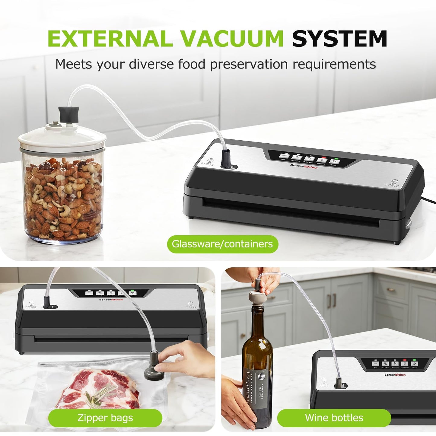 Bonsenkitchen Vacuum Sealer Machine, Built-in Cutter | Multifunctional Food Sealer for Sous Vide & Meal Prep, 5 Pre-Cut Bags, Black
