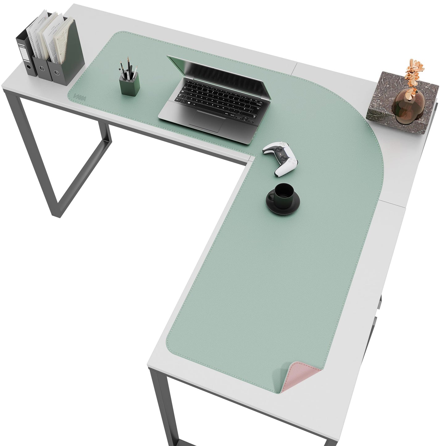 Vyaaa L-Shaped Leather Desk Pad, Two Tone Gaming Mouse Pad for Corner Desk Mat, Office and Home, 43 x 43 x 15.7 Inch, Pink and Green