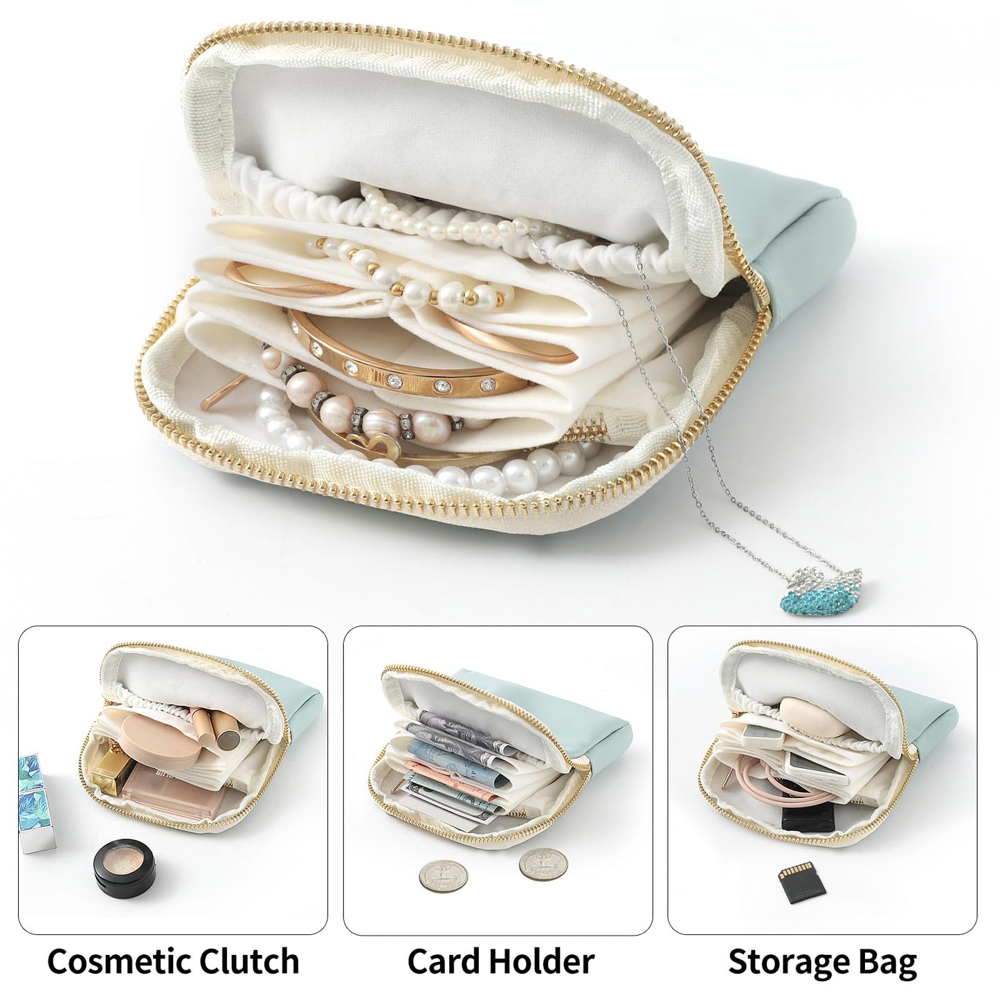 NGVRC Genuine Leather Travel Jewelry Organizer Case Pouch Bags with Zipper, Small Mini Portable Jewelry Storage Bag for Ring Earrings Necklace Bracelet Travel Essentials Gift for Women（Brown）