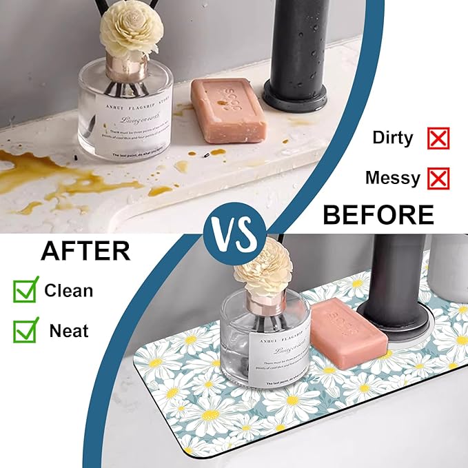 White Flower Sink Splash Guard Cute Chamomile Faucet Absorbing Mat Fast Drying