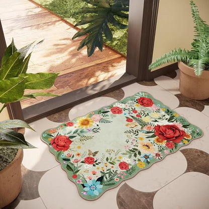 Washable Entryway Small Area Rugs: Door Mat Indoor Entrance 2x3 Floral Rug Ultra Thin Stain Resistant Non Slip Low Pile Lightweight Carpet for Kitchen, Front Door Decor (Light Green)