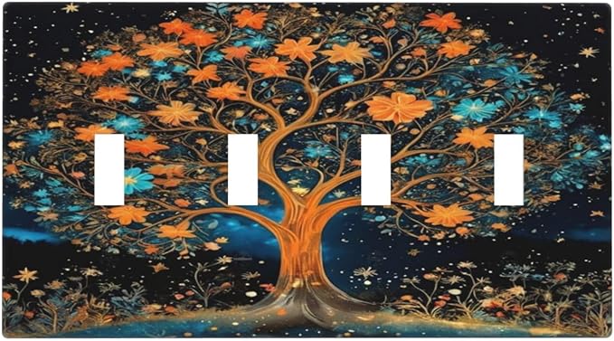Magical Life Tree in Night Sky Light Switch Covers Quad Toggle 4 Gang Wall Plate Decorative Switchplate Electrical Faceplate for Farmhouse Bathroom Living Decor