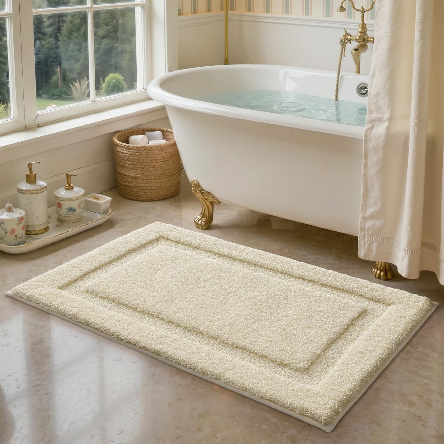 LUMI Ultra Soft Bathroom Rugs Non Slip with Rubber Backing, Absorbent Washable Bath Mat Quick Dry, Upgraded Premium Microfiber Plush Carpet for Bathtub and Shower Floor, Ivory White, 24x43