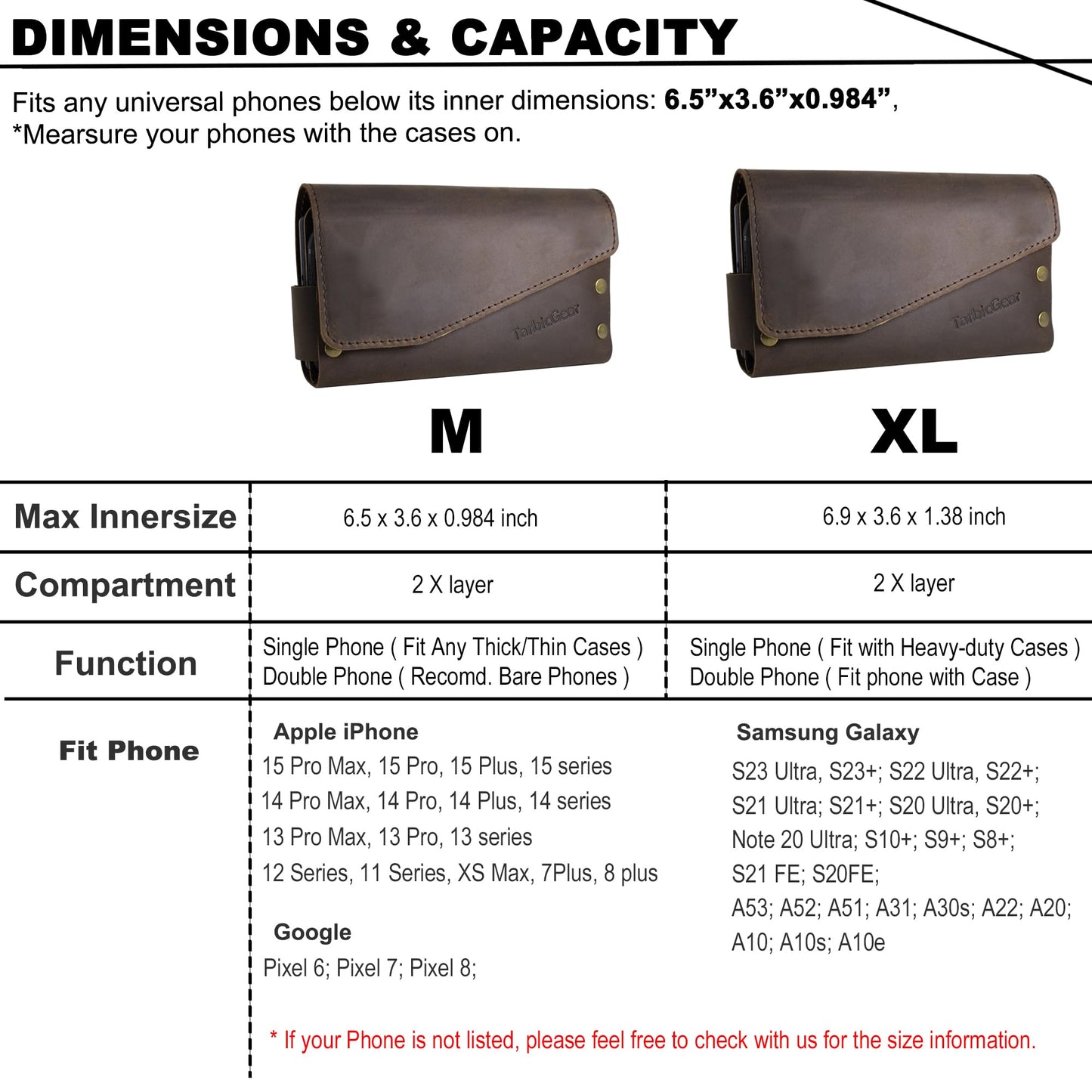 TarbicGear Leather Double Phone Case for Two Phones, Double Phone Holster for Men Belt, Belt Clip Dual Phone Pouch for iPhone 16 Pro Max, Samsung Galaxy S23 Ultra, for Work, Construction, Large Brown