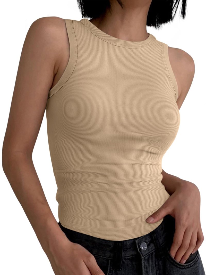 ANRABESS Womens Sleeveless High Neck Tank Tops Fashion Summer Casual Basic Slim Fit Ribbed Racerback Top Shirt Clothes Deep Khaki Small