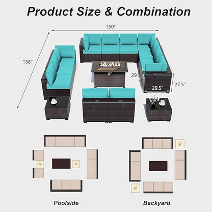ALAULM 15 Pieces Outdoor Patio Furniture Set with Propane Fire Pit Table Outdoor Sectional Sofa Sets Patio Furniture 43" Gas Fire Pit Brown PE Rattan Patio Conversation Set w/12 Cushions (Blue)