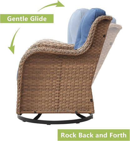 Rilyson Patio Furniture Swivel Chairs Set - 5 Piece Rattan Wicker Outdoor Sectional Conversation Sets with 2 Swivel Rocking Chairs,2 Ottomans and 1 Side Table for Porch Deck Garden(Yellow/Blue)