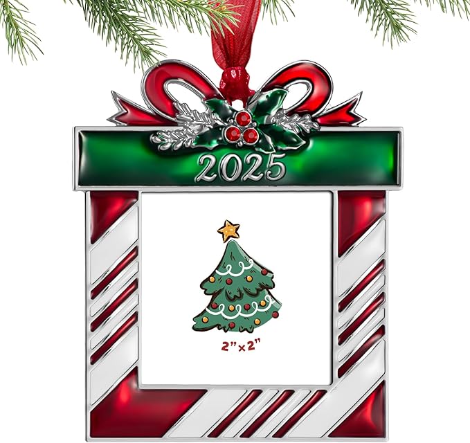 2025 Christmas Tree Ornaments Picture Frame Ornament- Made of Zinc Alloy Glitter Powder Pendant 2.5 Inch Picture Frame for Pet and Baby Holiday Keepsake Gift(Gift Bag,2025)