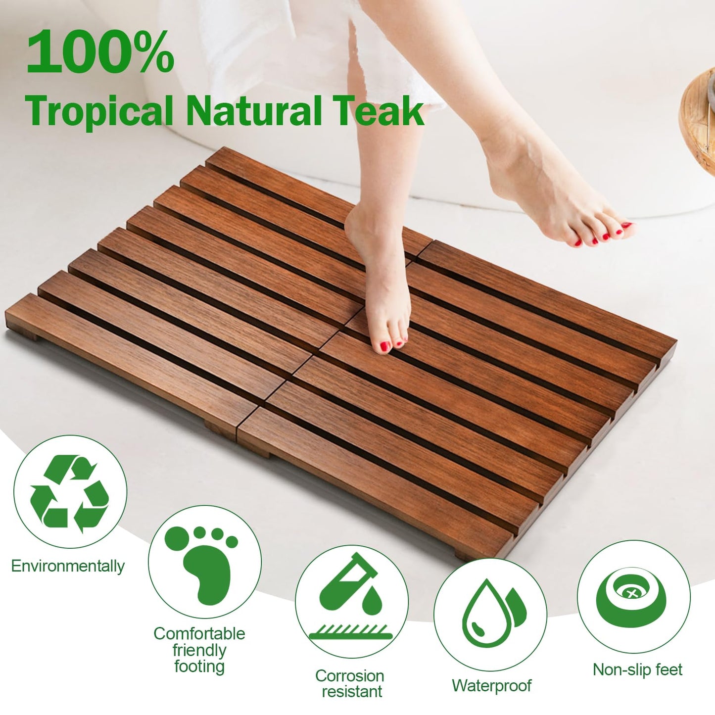 Teak Shower Mat, Foldable Wooden Shower Mat with Non-Slip Rubber Feet, Teak Bath Mat for Bathroom, Bathtub, Spa, Sauna, Pool, Indoor Outdoor Use, Water-Resistant Wood Floor Mat