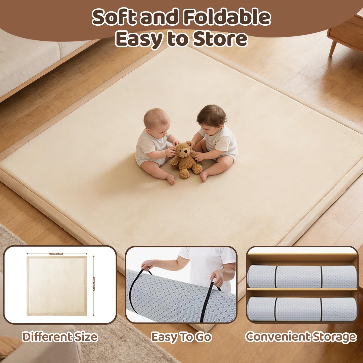 TreeBud Baby Play Mat for Floor, 1.3 Inch Thick Memory Foam Tummy Time Mat with Non Slip Backing, Soft Coral Velvet 50×50 Inch Playpen Mat Crawling Tatami for Infants Toddlers Kids, Beige