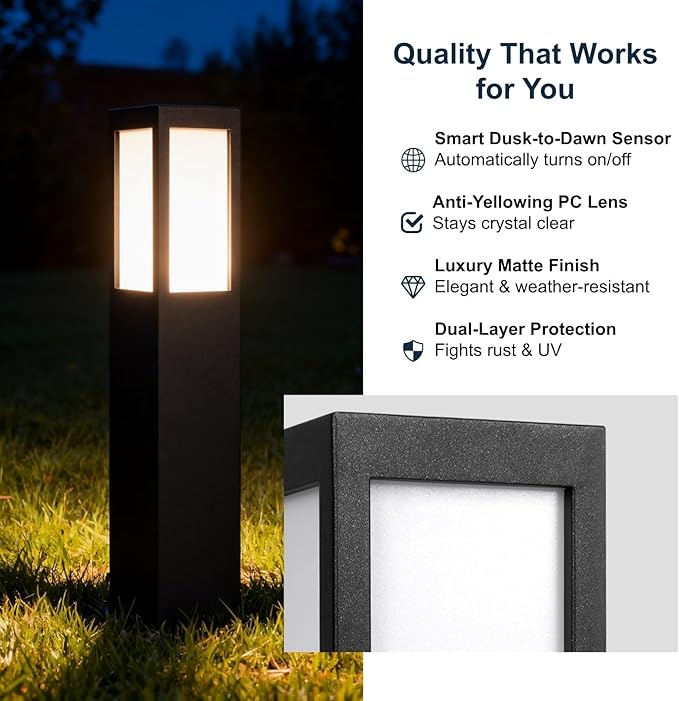 SkyGlow Solar Bollard Light, 32" Stainless Steel LED IP55 Outdoor Waterproof Curb Appeal Modern Landscape Path Lights for Garden, Pathway, Lawn, Patio, Courtyard and Driveway Decoration
