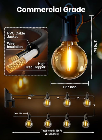 Brightown 158FT Solar String Lights Outdoor with Remote and 77 LED Shatterproof Bulbs, Dimmable & Timable, 3 Light Modes, Solar Patio String Lights Outdoor for Cafe, Garden, Deck, Outside Wedding