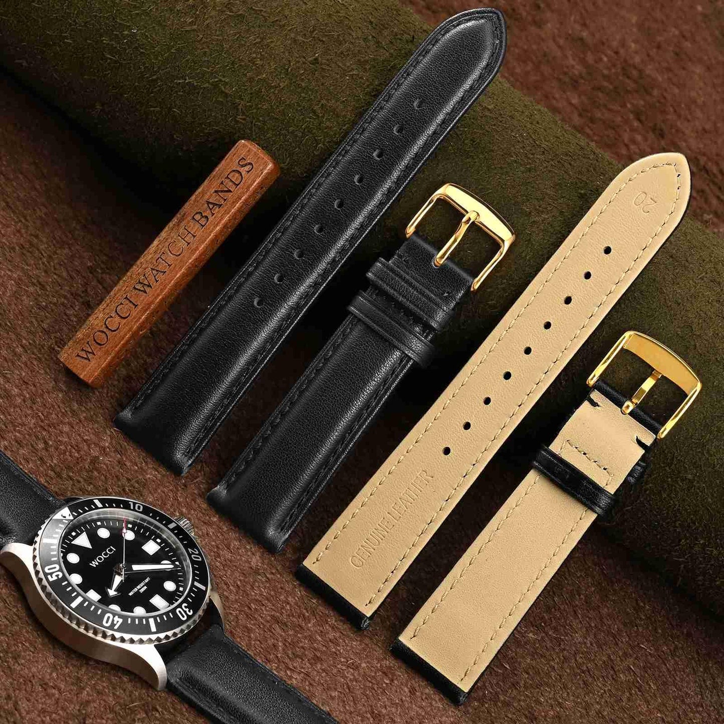 WOCCI 23mm Vintage Leather Watch Band for Men and Women, Gold Buckle (Black)