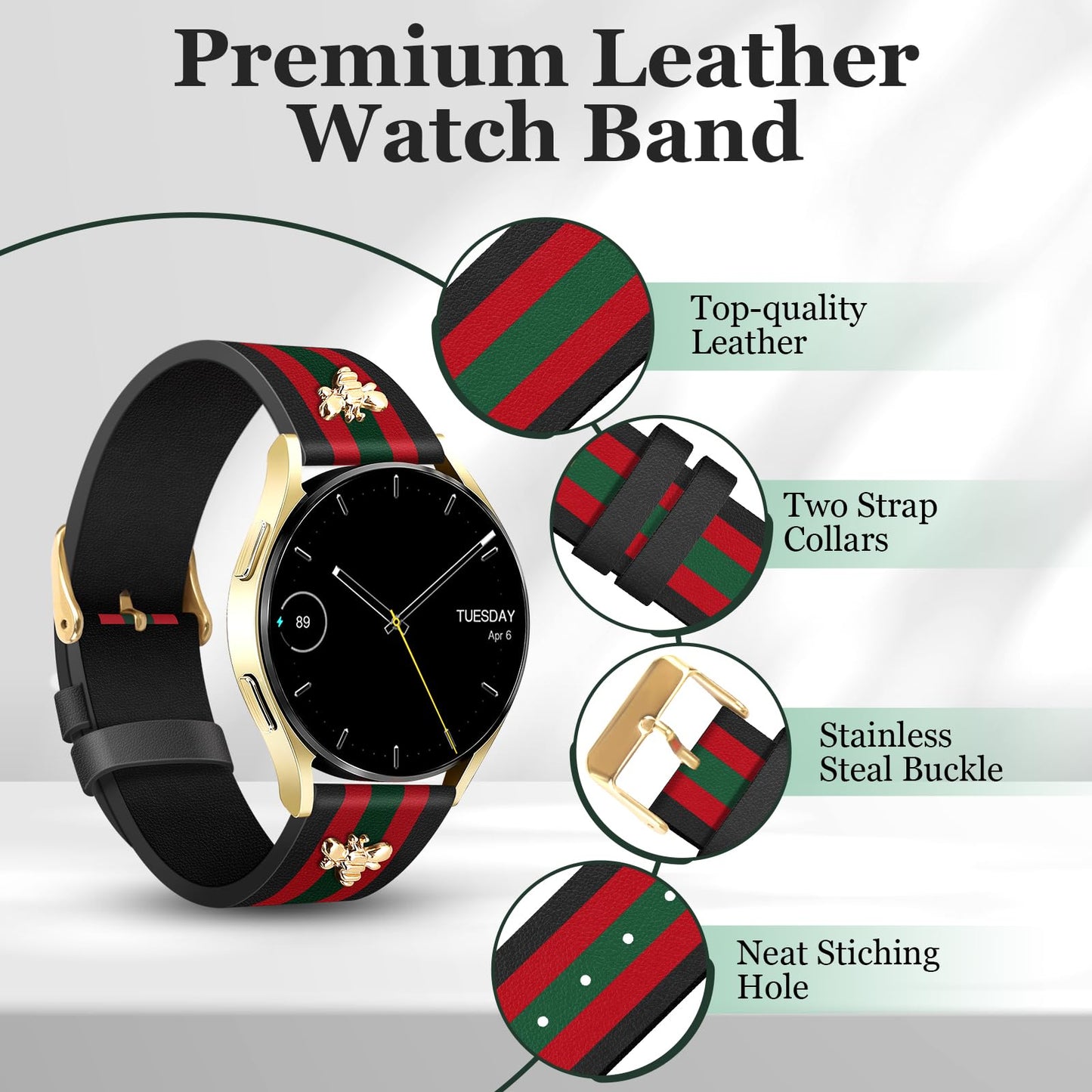 MOINSPIRE Designer Leather Bands with Charms Compatible with Samsung Galaxy Watch 7/6/5/4/Active 2 40mm 44mm/Watch 6 Classic 43mm 47mm/Watch 5 Pro 45mm/Watch 4 Classic 42mm 46mm, 20mm