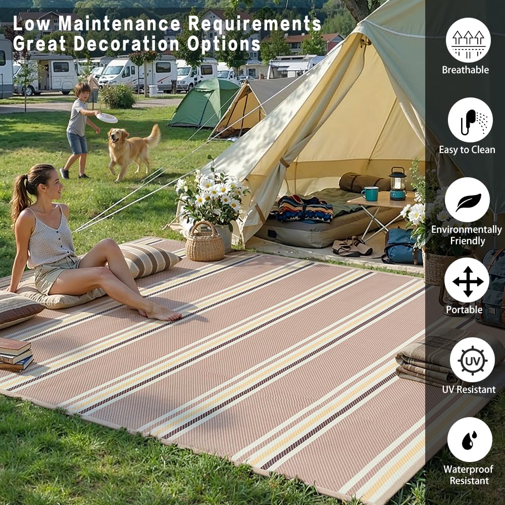 PureCozy Outdoor Waterproof 5x8 Rug for Patio Reversible Plastic Straw Beige Striped Camping Mat Outside Lightweight Large Floor Mat for RV Deck Beach Balcony Picnic Backyard Entry Porch