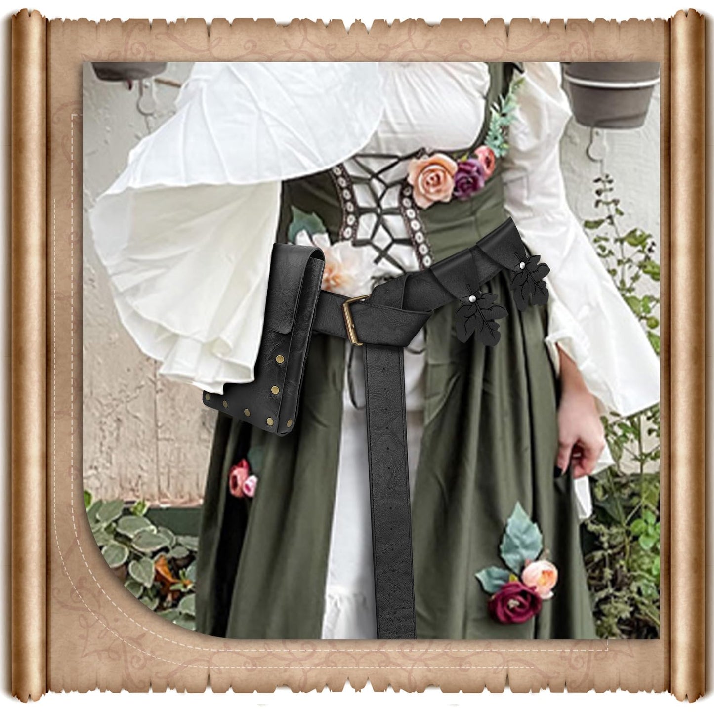 FunMular Renaissance Accessories Costume Women Belt Pouch Medieval Viking Potion Bottles Leather Belt Leaf Skirt Hikes (Black Set)