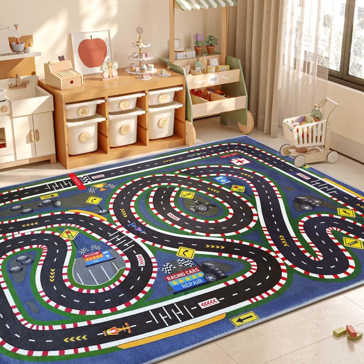 JUFORHQC Kids Rug,Children's Room Rug,Road Race Play Rugs, Rail City Living Rugs, Washable Non-Slip Play Mats. (Dark Blue, 47x71in)