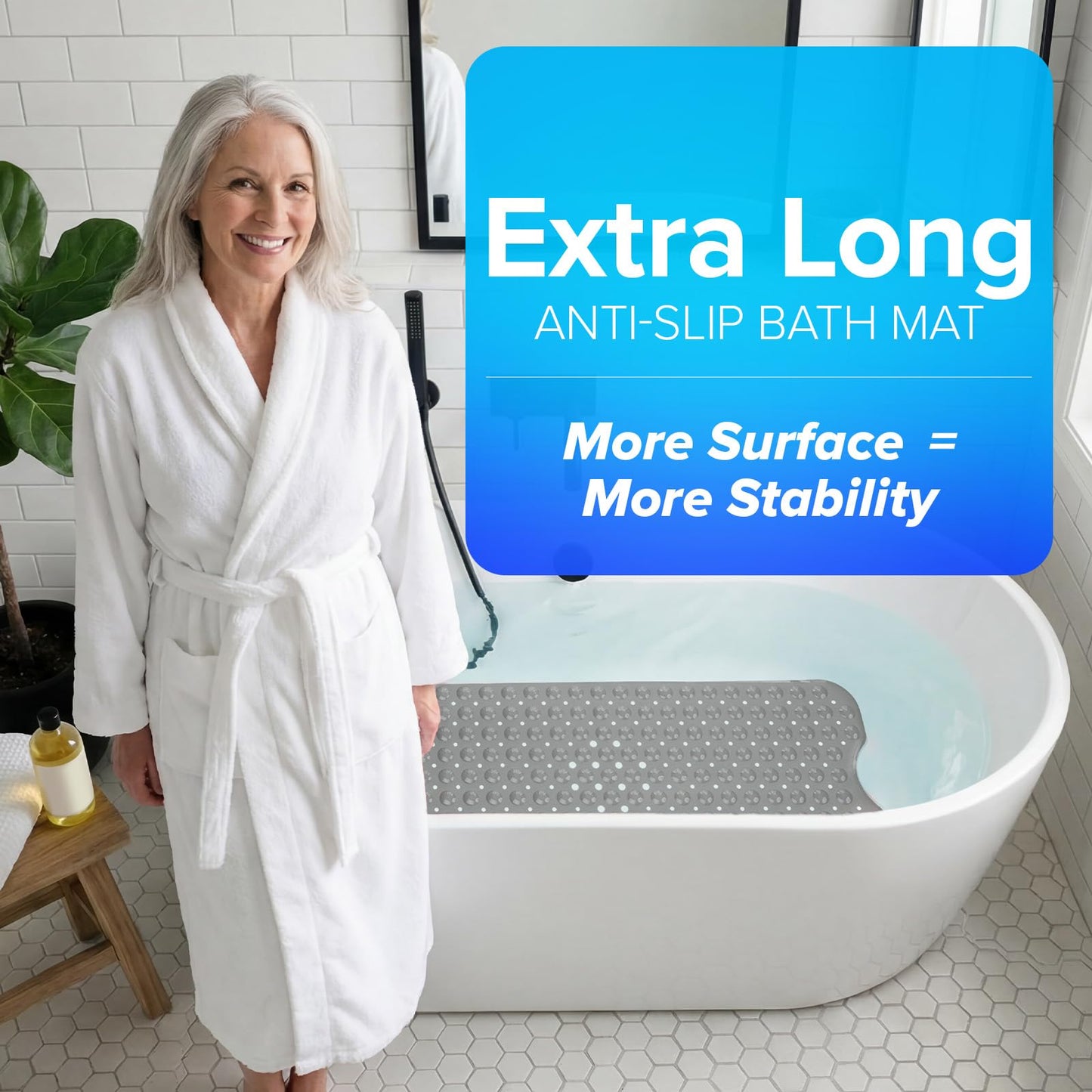 SlipX Solutions Power Grip Extra Long Bath Tub & Shower Mat 39x16, Wet Floor Non-Slip for Elderly & Kids Bathroom, 30% Longer Bathtub Mats, 200 Suction Cups, Drain Holes, Machine Wash, Tan