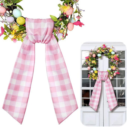 Wreath Sash for Front Door Wreath Satin Sash Blank Sashes Embroidery Monogram Yard Doorway Indoor Outdoor Wall Ribbon Bow Home Decor(Pink, White,Spring Buffalo Plaid)