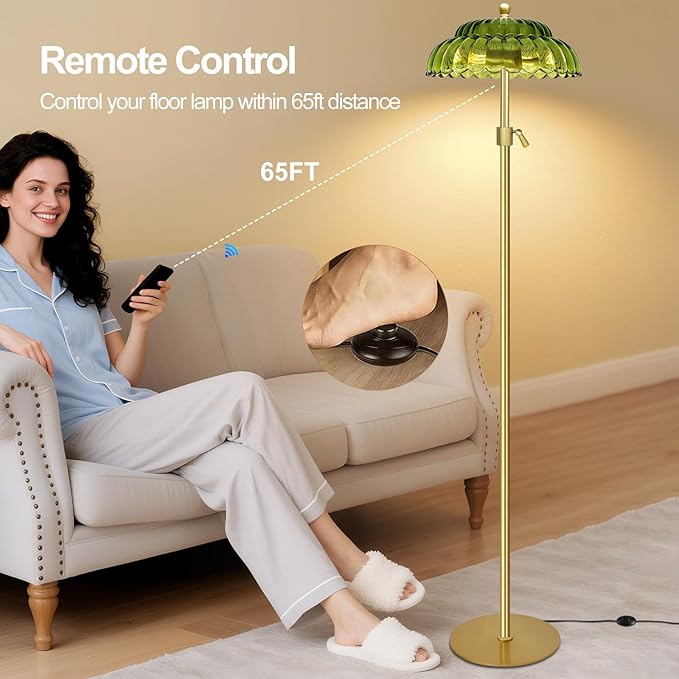 Vintage Floor Lamp with Remote Control, Gold Floor Lamp with 3 Color Temperature,Mid Century Modern Standing Lamp with Glass Lamp Shape,Brass Flower Lamp Tall Glass Floor Lamps for Living Room Bedroom