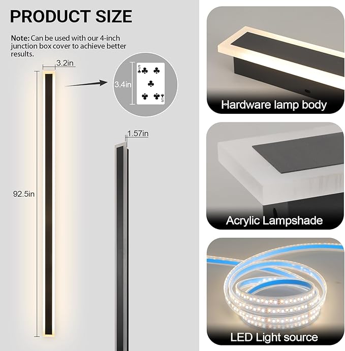 92 Inch Modern Outdoor Wall Light, 3000K Black Exterior Light Fixtures Wall Mount Ip65 Waterproof Modern Porch Lights Wall Sconce Long Linear Outside Lighting for House