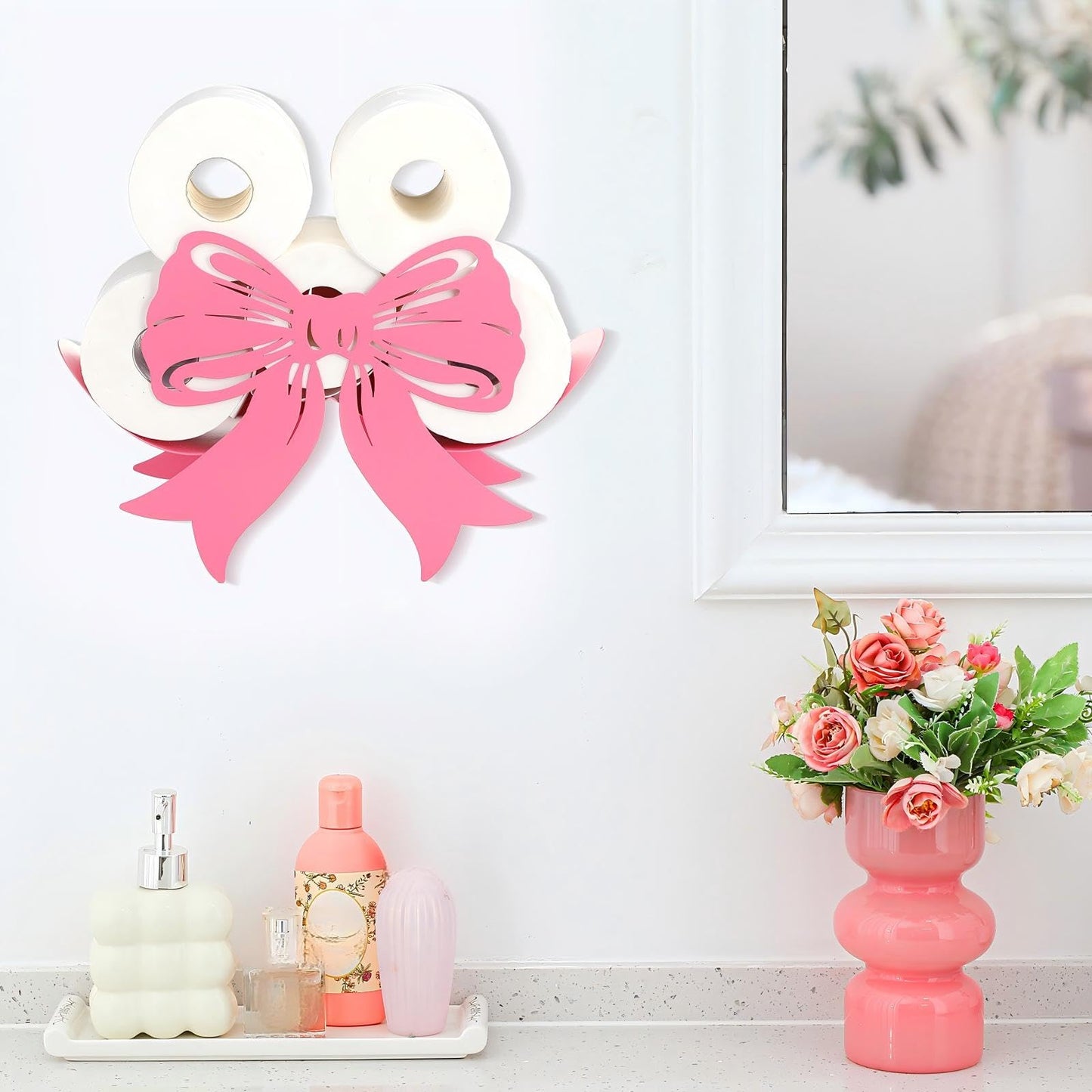 Geelin Bow Metal Toilet Paper Storage Holder Wedding Bow Bathroom Decor 8 Rolls Decorative Toilets Paper Holder Wall Mounted for Bathroom Kitchen Bedroom Coquette Home Decor(Pink)