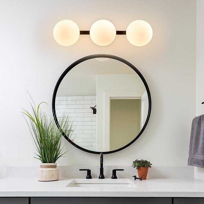 Bathroom Vanity Mirror Light Fixtures: 3 Lights Bath Wall Sconce Lighting - Black Vanity Lights with Milk Glass Shade - Modern Minimalist Makeup Light Fixture above Mirror for Hallway Bedroom E26 Base