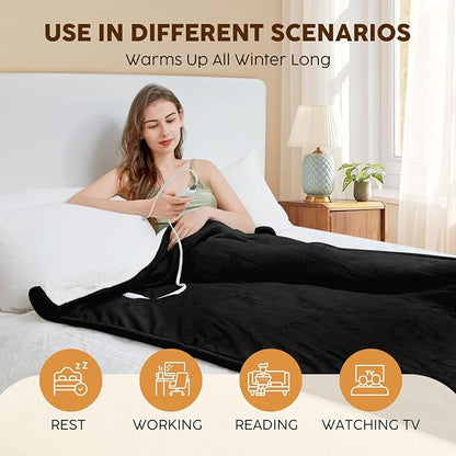 HYLEORY Heated Electric Blanket Twin 62"x84" Soft Fleece & Flannel with 5 Heating Levels & 10 Hours Timer Auto Shutt Off, ETL Certified, Washable，Heated Blanket for Body-Black