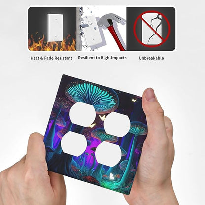 Decorative Light Switch Cover Plate Fantasy Mushroom Forest Glowing Butterfly 2 Gang Socket Covers Double Duplex Wallplates Switch Plates and Outlet Covers for Bathroom Home Decor