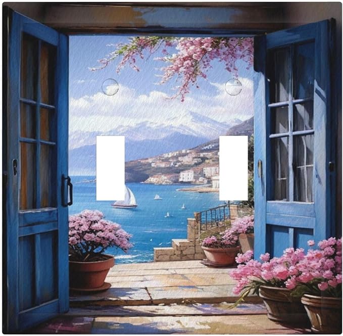 Decorative Art Light Switch Covers Seaside Window View 2 Gang Double Toggle Wall Plate Decorative Switchcover Electrical Switchplate for Home Decor