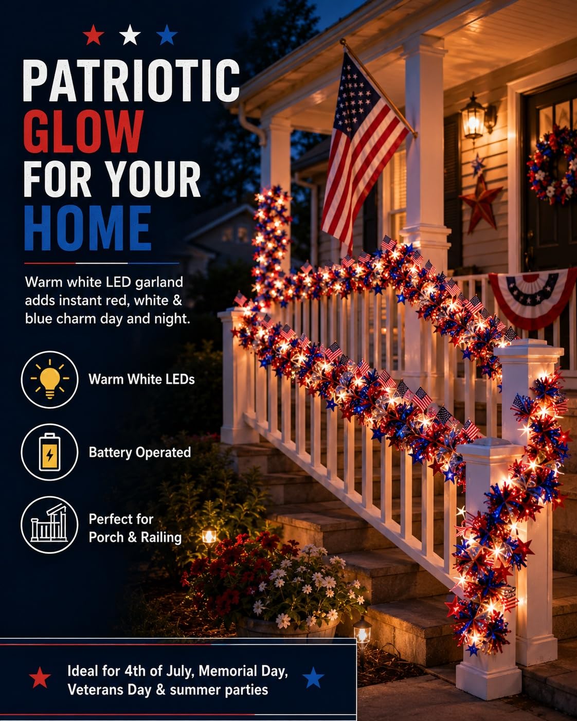 American Flag & Star Red White Blue Fairy Lights, Battery Operated Patriotic Lights with Tinsel Garland, Warm White LED 4th of July Decorations for Memorial Day Independence Day Decor(20 FT,1pc)