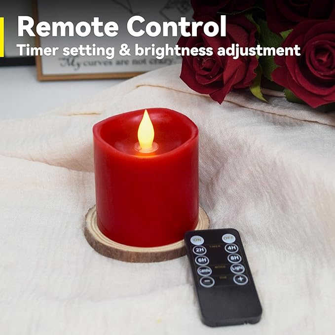 Red LED Pillar Candles 3x3 Inch - Battery Operated Flameless Candles with Remote Timer & Realistic Flickering Flame, 600+ Hours Lasting for Christmas Halloween Home Decor (1-Pack)