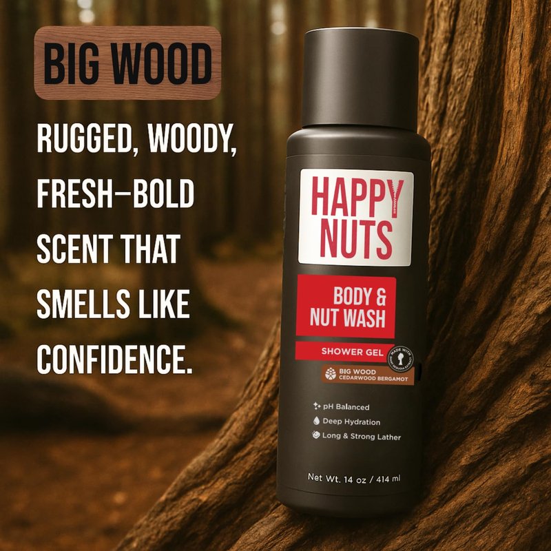 HAPPY NUTS Big Wood Body and Nut Wash - Moisturizing Men's Shower Gel, Bodywash with Deep Cleanse for Sensitive Skin - Men's Body Soap