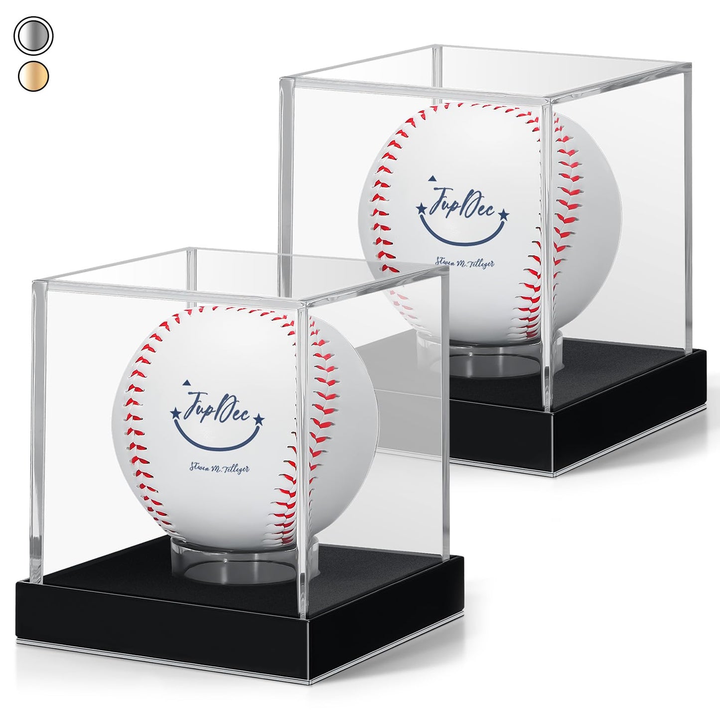JupDec Baseball Display Case for Single Autograph Ball, Clear Acrylic Cube Baseball Holder with Velvet Interior, UV Protected Stand Box with Durable Base, Ideal Gift for Sports Fans, Silvery, 2 Pack