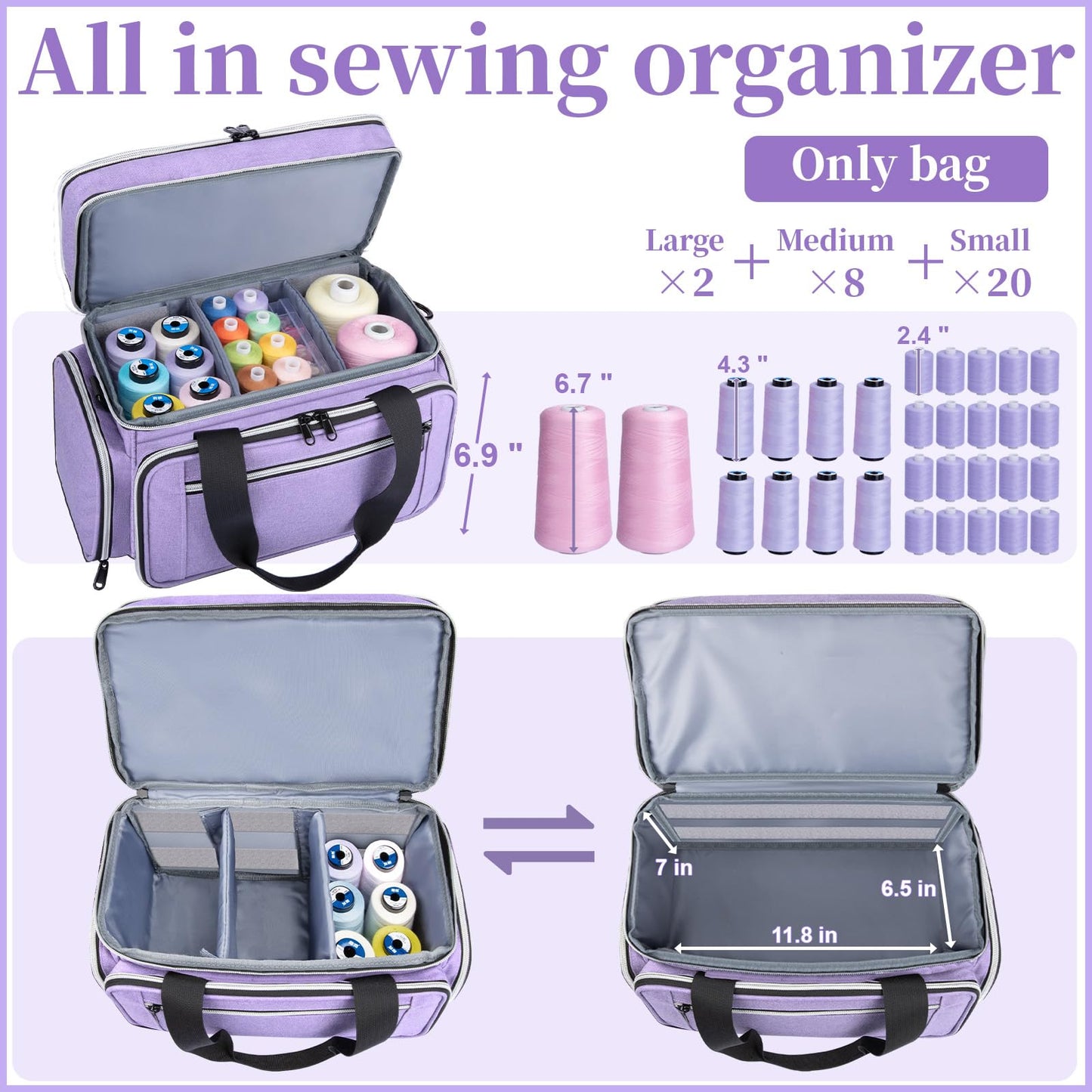 Anitor Large Sewing Supplies Organizer, Double Layer Sewing Storage Organizer with Two Detachable Dividers, Travel Sewing Bag Organizer with Shoulder Strap for Accessories, Pale Purple, (Bag Only)