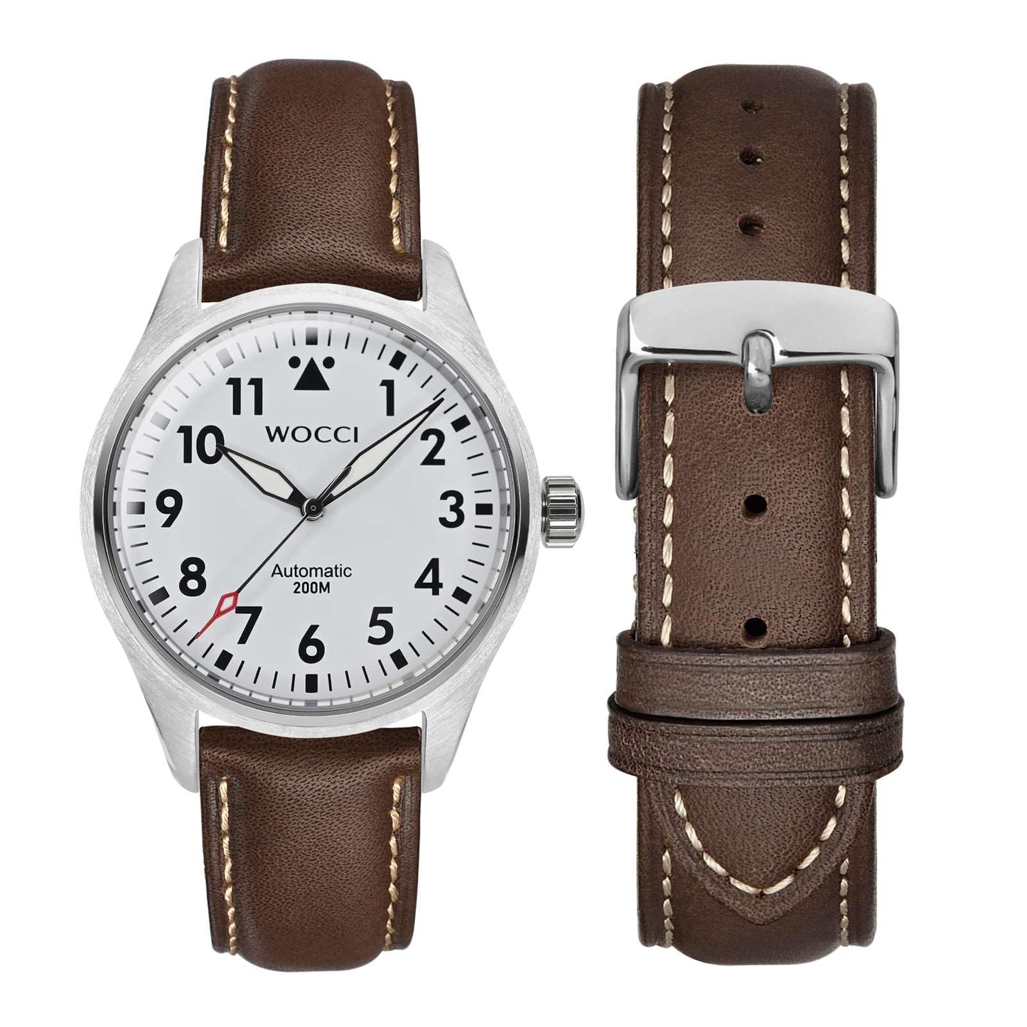 WOCCI 19mm Vintage Leather Watch Band for Men and Women, Silver Buckle (Dark Brown/Contrasting Stitch)