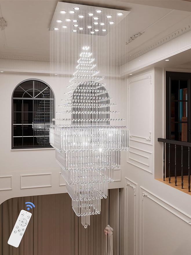 Flashing God D48''X H120'' Large Crystal Chandeliers for High Ceiling Square Crystal Raindrop Chandelier, Foyer Long Lighting Fixtures for Foyer Entryway Villa Silver ﻿