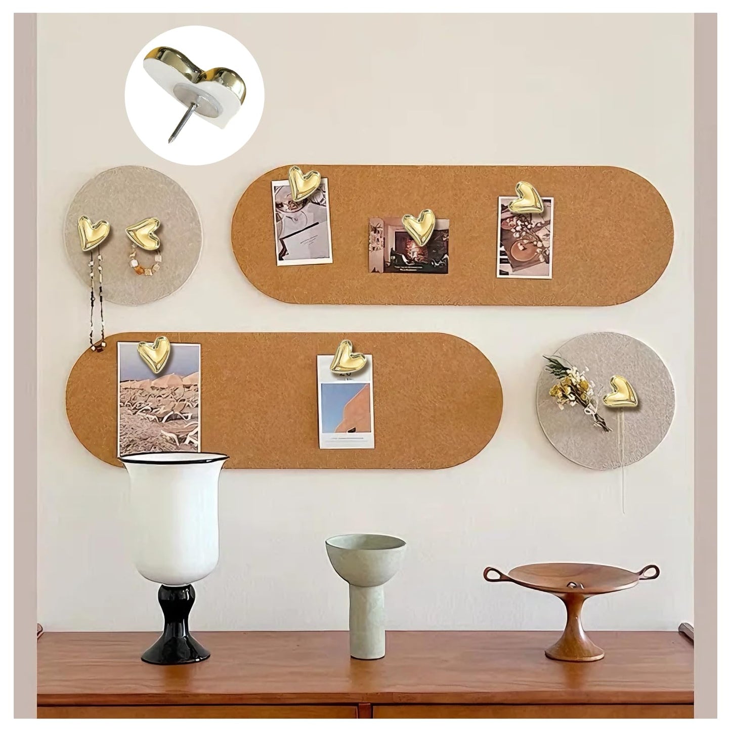 SSYHQAX 50 pcs of Cute Soft Wooden Board thumbtack with Golden Hearts can be Used for Photo Walls, memos, whiteboards, and Decorative thumbtack (Golden)