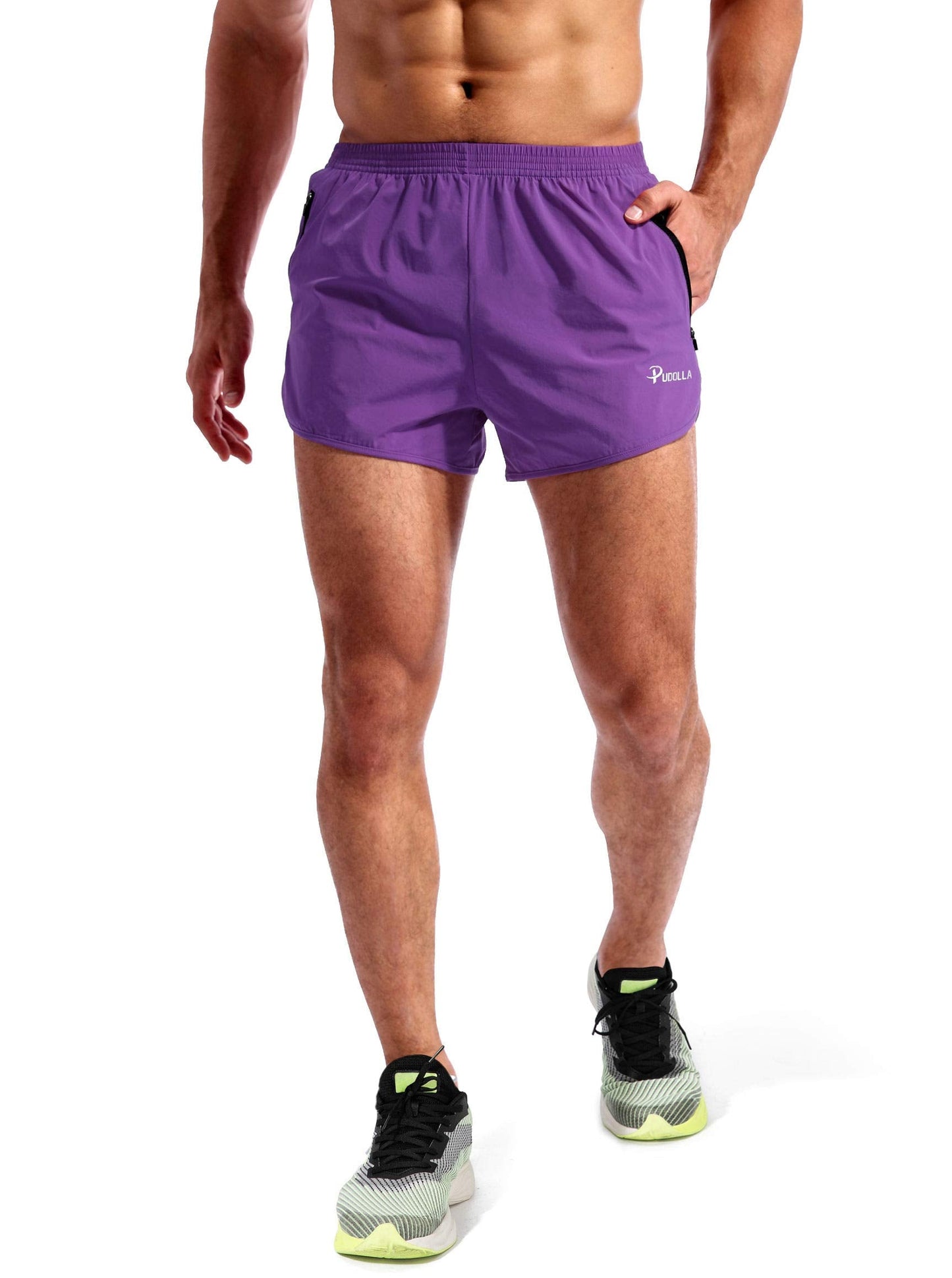 Pudolla Men’s Running Shorts 3 Inch Quick Dry Gym Athletic Workout Shorts for Men with Zipper Pockets(Purple Medium)
