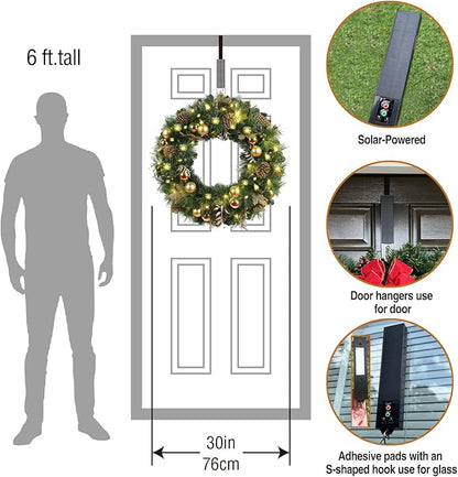 Solar Christmas Wreath 30 Inches Pre-Lit Solar 70 Led Artificial Wreath for Front Door Window Outdoor Decorations with Golden Pine Cones Christmas Balls Glitter Pine Branches(3002)