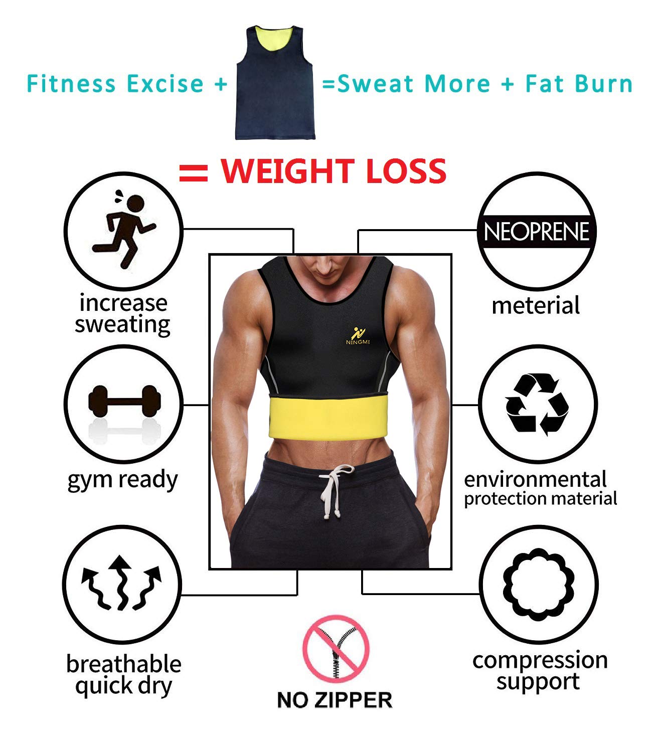 NINGMI Sweat Vest for Men Neoprene Waist Trainer Tank Weighted Vest Waist Trimmer Sauna Suit Running Vest