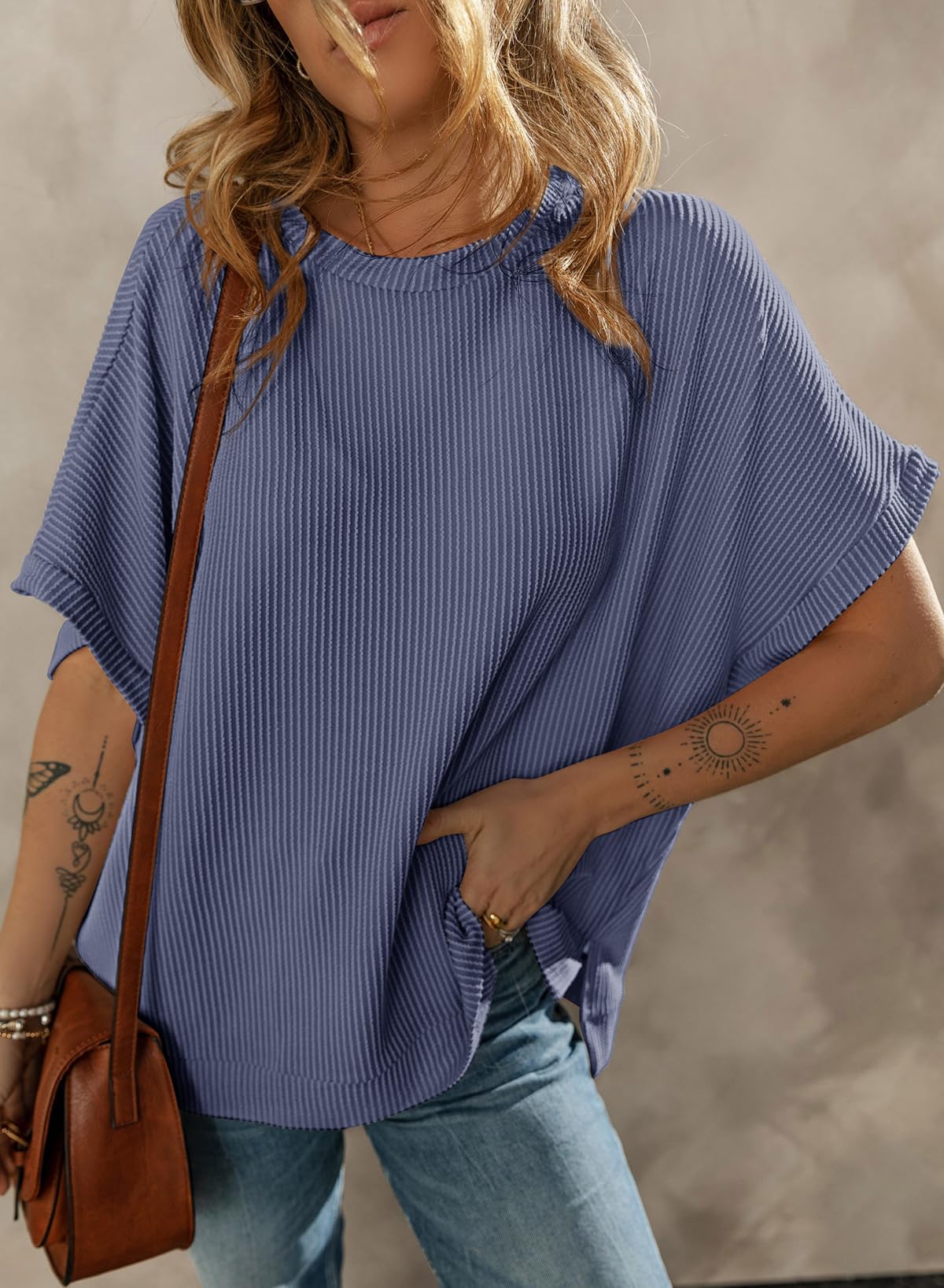Dokotoo Womens Casual Spring Summer Shirts and Blouses for Women 2026 Off Shoulder T-Shirts Short Sleeve Waffle Knit Loose Tunic Tops Side Split Navy Blue Large
